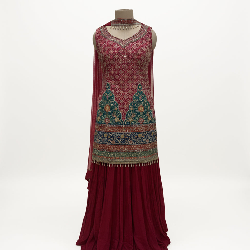 Elegant Embroidered Maroon Sharara Suit With Dupatta