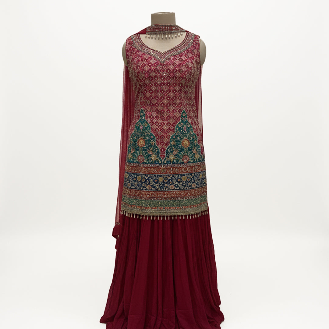 Elegant Embroidered Maroon Sharara Suit With Dupatta