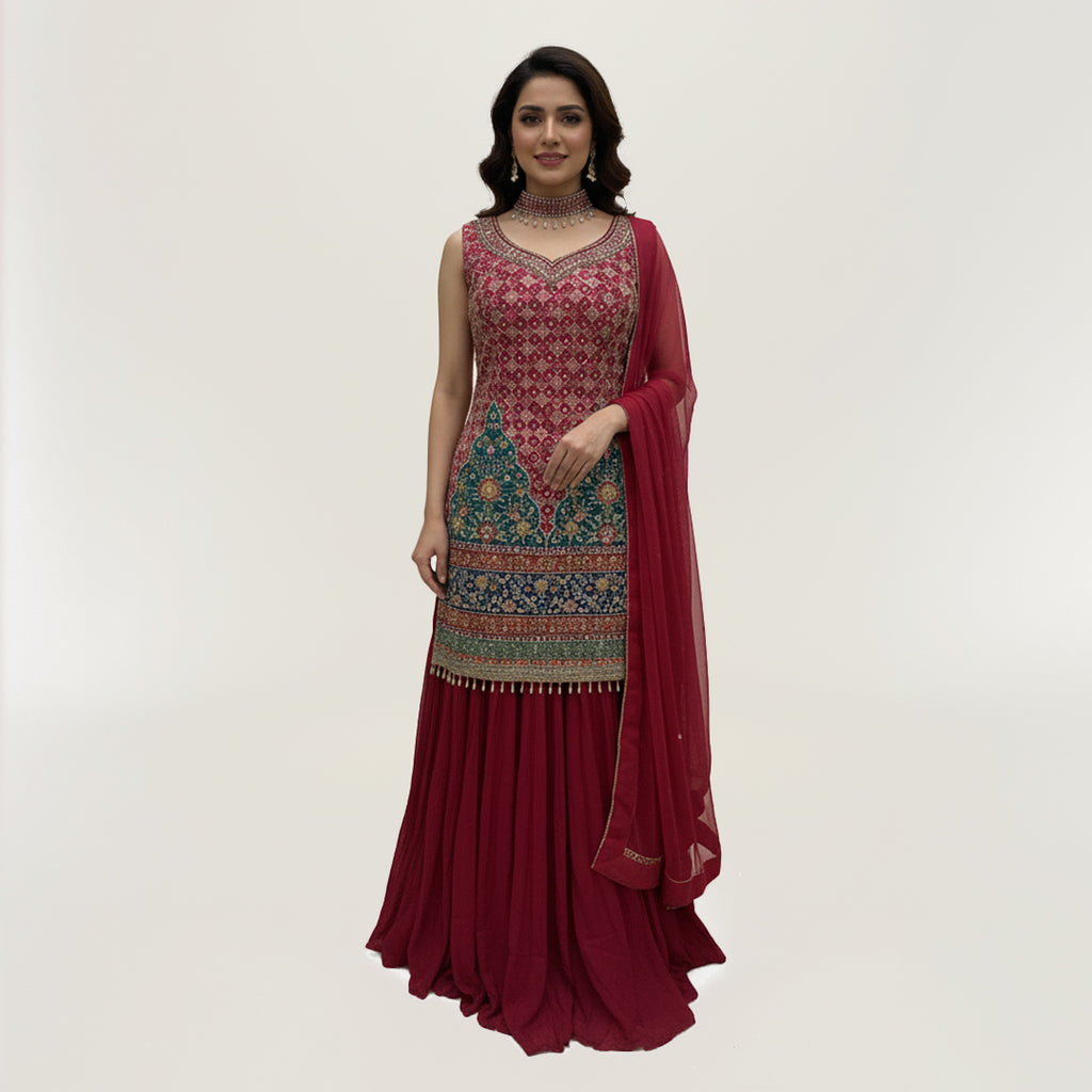 Elegant Embroidered Maroon Sharara Suit With Dupatta