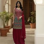 Elegant Embroidered Maroon Sharara Suit With Dupatta