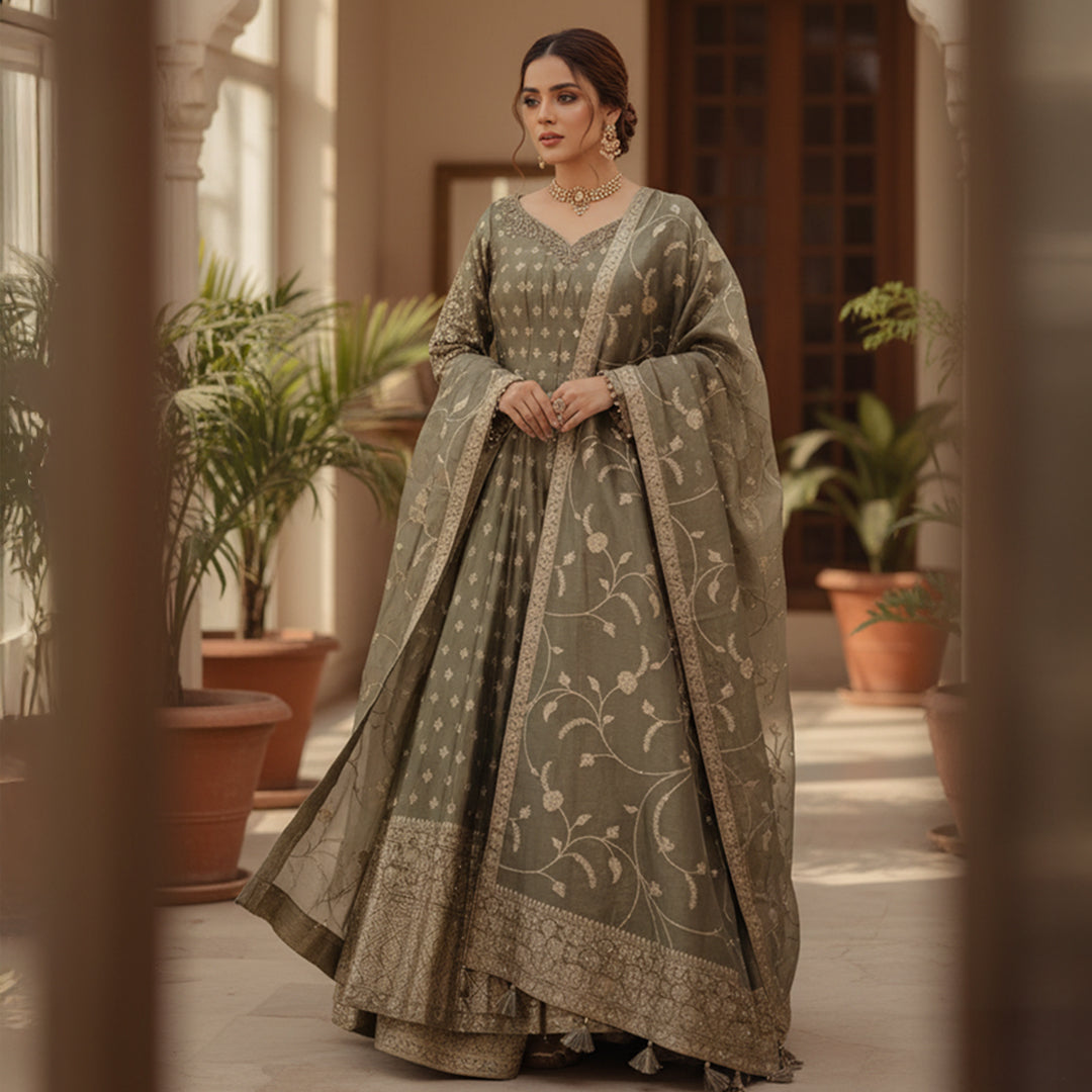 This stunning Anarkali suit comes in a beautiful olive green shade with golden embroidery that gives it a rich and classy look. The long, flowy kurta has a soft shine and delicate patterns all over adding a touch of grace and tradition.

The matching dupatta features fine floral embroidery and a detailed border that perfectly compliments the outfit.

Simple yet sophisticated, this set is ideal for festive gatherings, weddings or formal events where you want to look graceful and timeless.