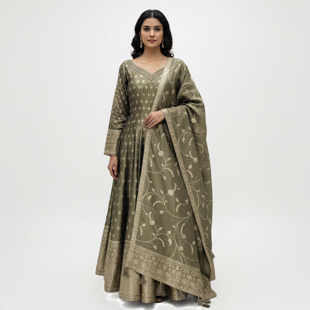 This stunning Anarkali suit comes in a beautiful olive green shade with golden embroidery that gives it a rich and classy look. The long, flowy kurta has a soft shine and delicate patterns all over adding a touch of grace and tradition.

The matching dupatta features fine floral embroidery and a detailed border that perfectly compliments the outfit.

Simple yet sophisticated, this set is ideal for festive gatherings, weddings or formal events where you want to look graceful and timeless.