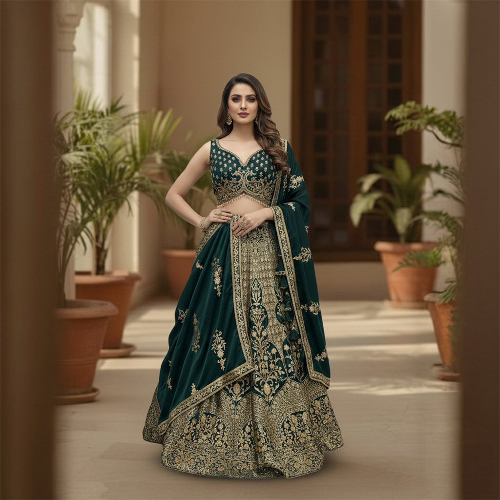 Stunning Dark Green Lehenga With Heavy Gold Embroidery