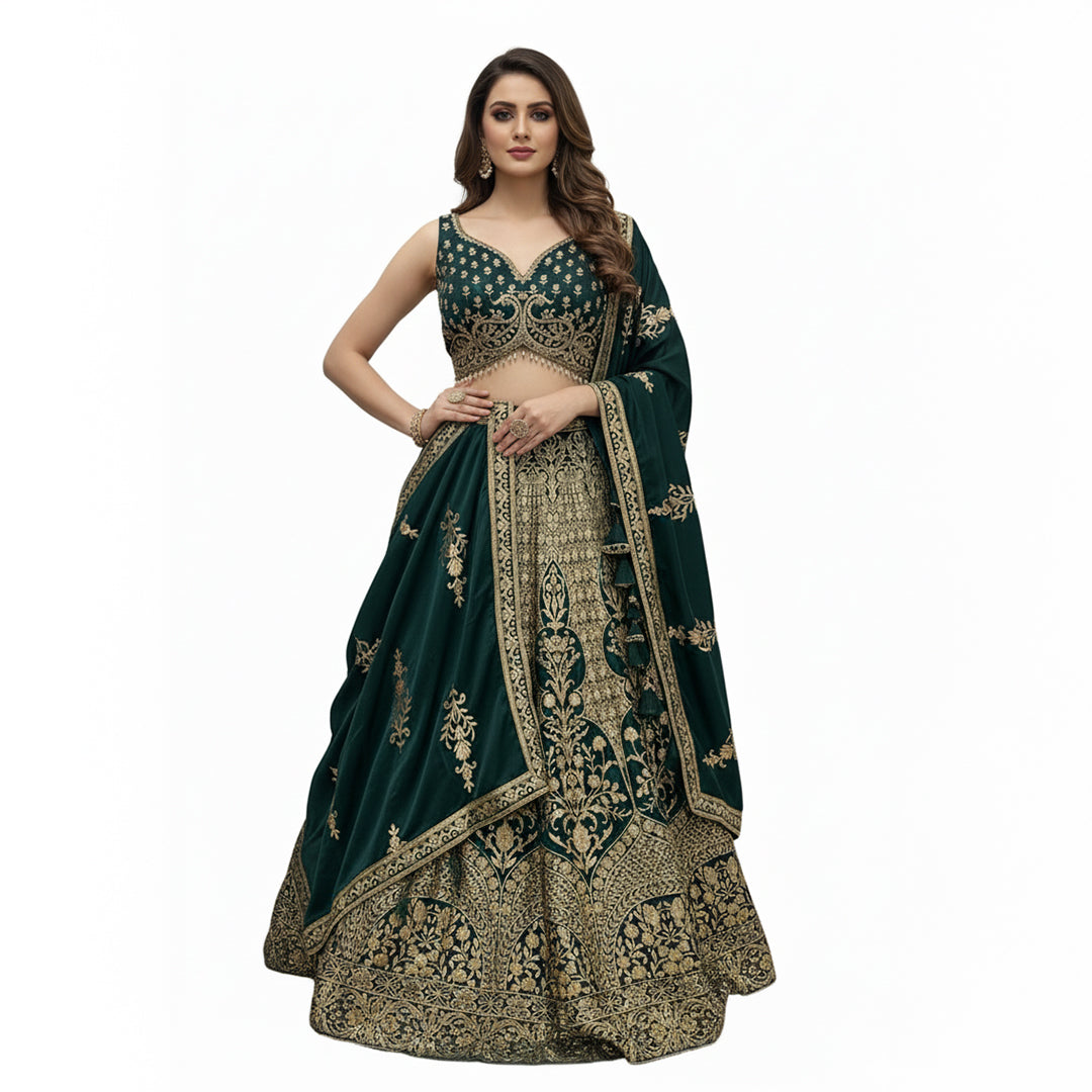 Stunning Dark Green Lehenga With Heavy Gold Embroidery