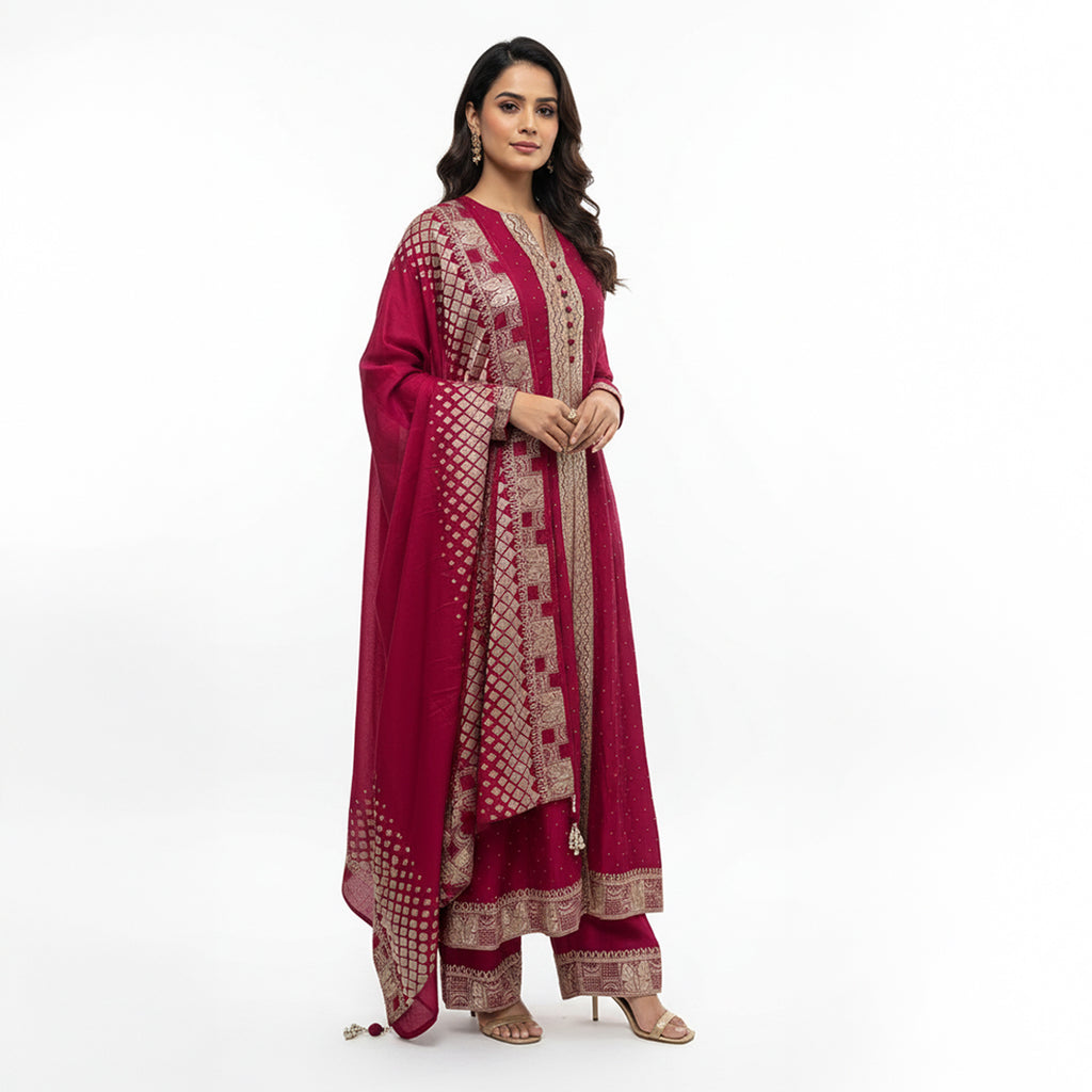 Classy Deep Red Party Wear Suit With Golden Work | Indian Suit
