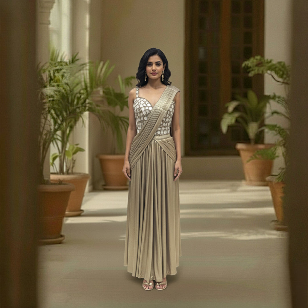 This glamorous outfit is in a rich metallic gold color. The blouse is covered in big, shiny mirror work that catches the light beautifully. It features a pre-draped saree style with neat pleats on the shoulder, making it very easy to wear without any hassle. The fabric is smooth and shiny. This outfit is bold, stylish, and perfect for cocktail parties and evening receptions.
