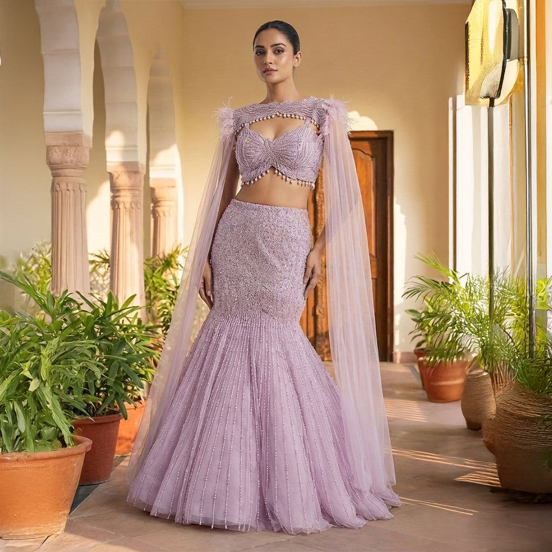 Exquisite Pink Mermaid Style Dress With Cape