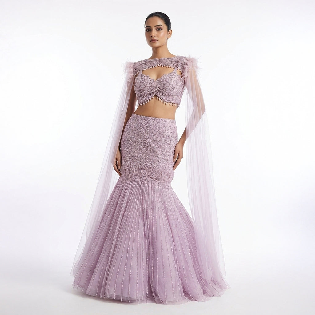 Exquisite Pink Mermaid Style Dress With Cape