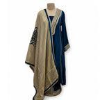 This rich outfit is perfect for the winter season. It is made from soft and warm velvet fabric in a lovely deep teal blue color.

The long kurta has beautiful shiny mirror work and golden patterns on the neckline and sleeves to give it a festive look.

It comes with a contrasting golden dupatta that drapes nicely. This outfit is cozy, elegant, and great for winter weddings and parties.