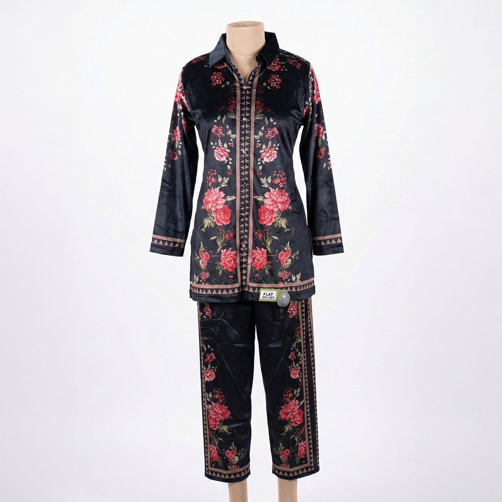 This trendy outfit is in a deep blue color. It features a shirt-style top with a smart collar and buttons down the front. It is decorated with beautiful pink floral patterns and has a stylish geometric border design. It comes with comfortable matching pants that have the same print. This outfit is chic, modern, and perfect for casual outings or smart daily wear.
