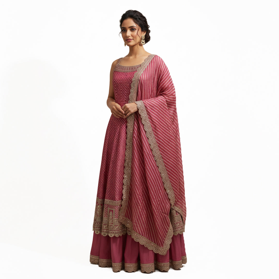 This charming outfit features a deep pink kurta with golden embroidery and small patterned details that give it a traditional yet stylish look. The neckline and borders are beautifully decorated with fine handwork, adding a touch of shine.

The flared bottom palazzo&nbsp; and the striped dupatta with a golden border completes the outfit perfectly.


Light, elegant and festive, this look is ideal for weddings, family gatherings or cultural celebrations where you want to appear graceful and radiant.