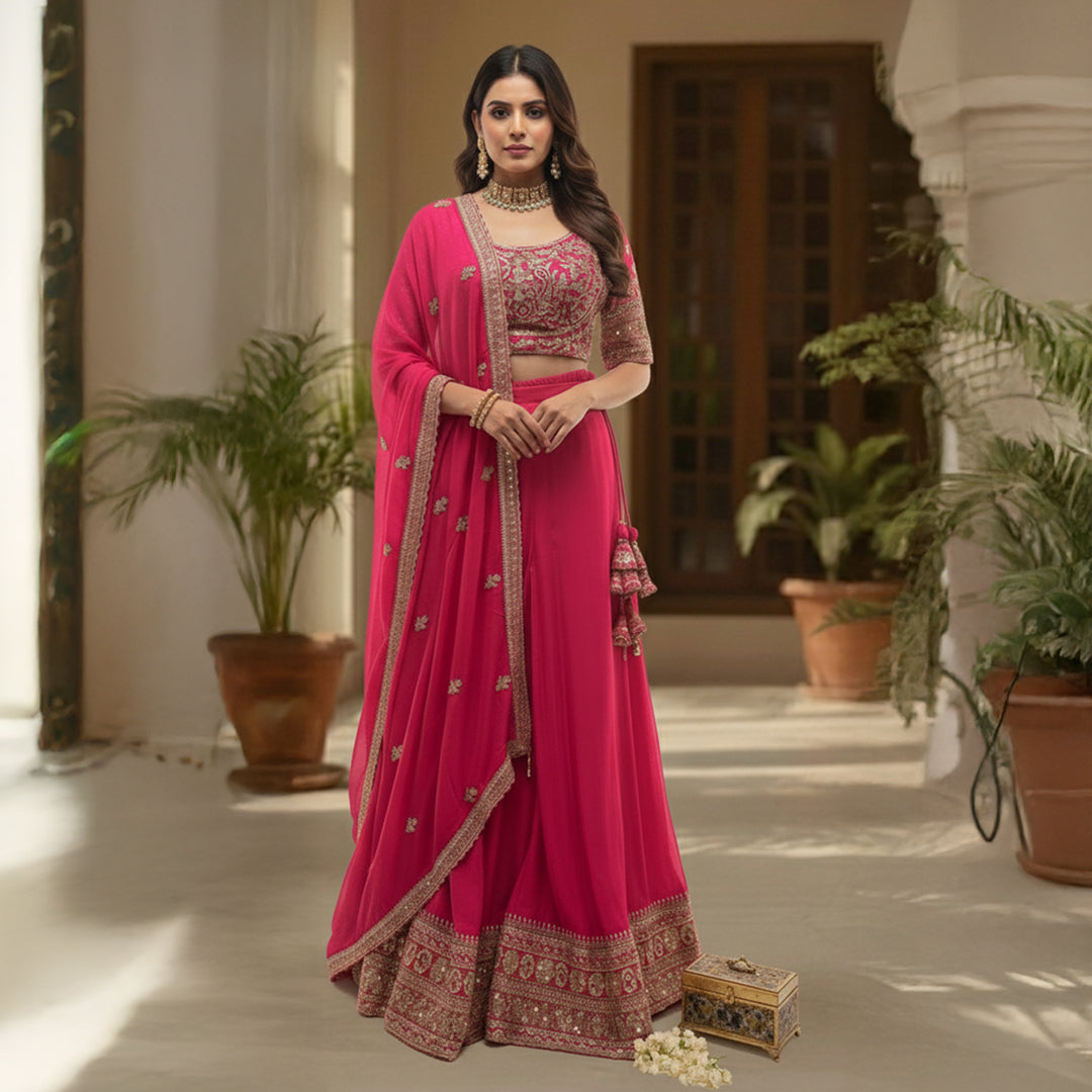 This is a bright pink outfit featuring a heavily embroidered blouse paired with flared palazzo. The blouse has intricate golden embroidery, giving it a festive and rich look.


The matching dupatta has small embroidery and a detailed border that adds elegance.&nbsp;This outfit is perfect for weddings, mehndi or festive events. It’s modern, stylish and full of charm.