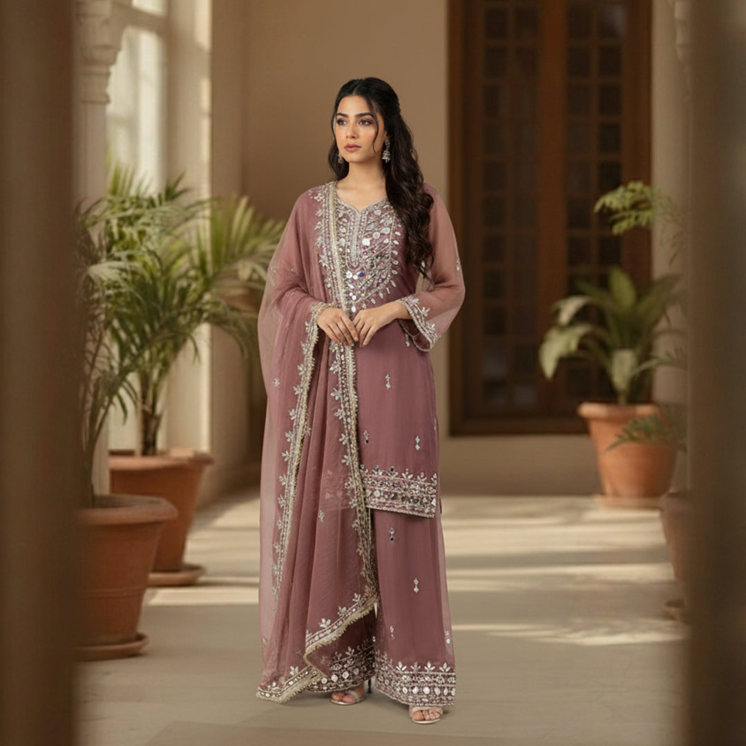 This beautiful outfit comes in a soft mauve color with pretty silver embroidery.&nbsp;The kurta has fine work around the neck and sleeves that adds a gentle shine.

The matching palazzo have lovely embroidery at the bottom, giving the outfit an elegant look.

A light dupatta with delicate work and a neat border completes the set, making it perfect for festive events, weddings and special occasions.
