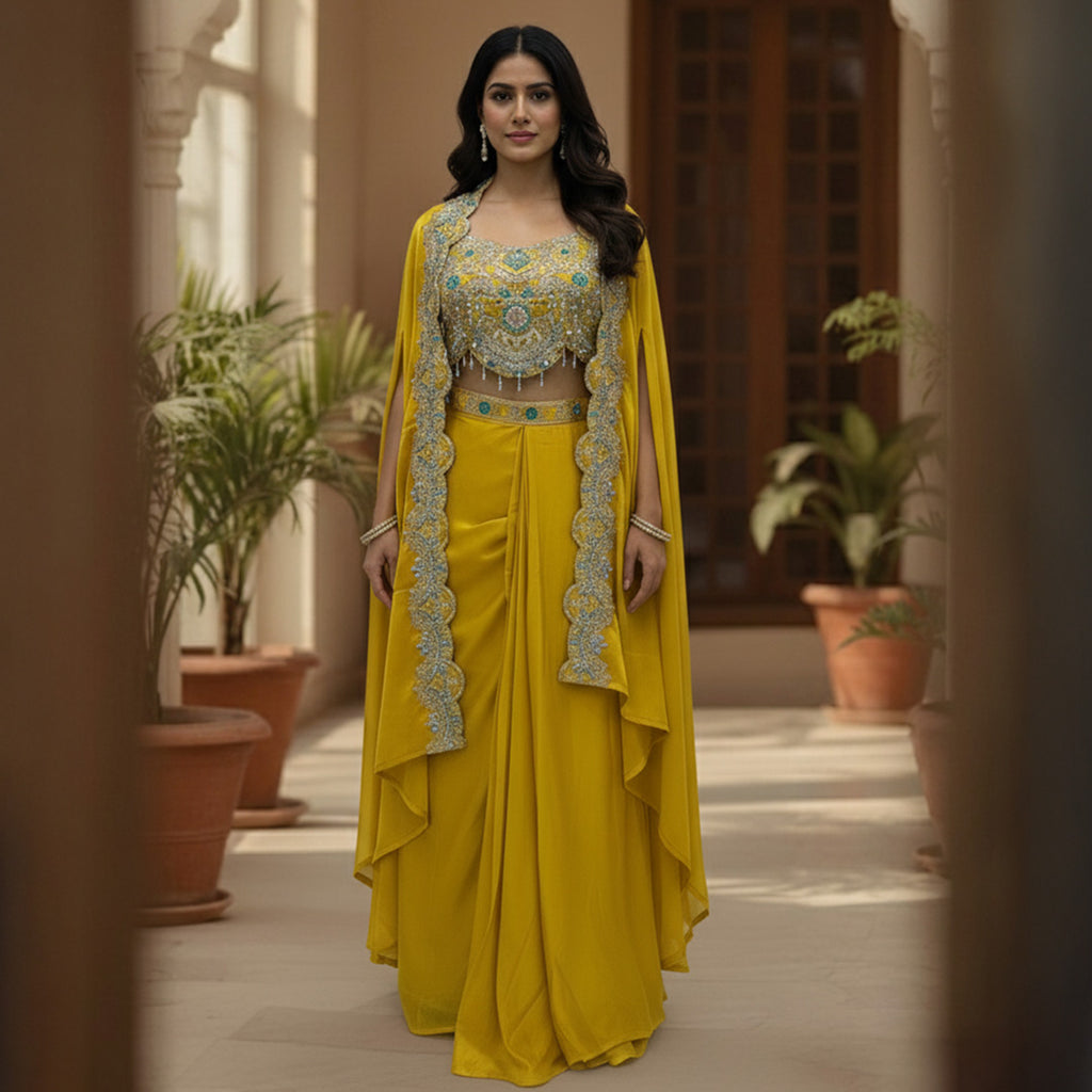 This is a bright yellow Indo-western outfit featuring a heavily embellished blouse paired with a matching skirt and a cape.&nbsp;

The blouse is beautifully decorated with silver and turquoise embroidery, adding sparkle and elegance.

The flowy skirt drapes softly, while the cape, edged with detailed embroidery, adds a stylish and graceful touch. Perfect for weddings, haldi, mehandi receptions or festive occasions.&nbsp;