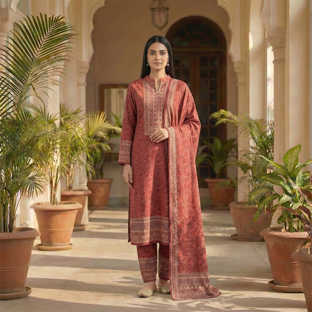 This elegant outfit is in a beautiful deep maroon color. The kurta features a swirling pattern all over and a special detailed design around the neck. It comes with matching pants and a warm shawl (dupatta) that completes the look. This outfit is cozy, traditional, and perfect for winter days and family gatherings.
