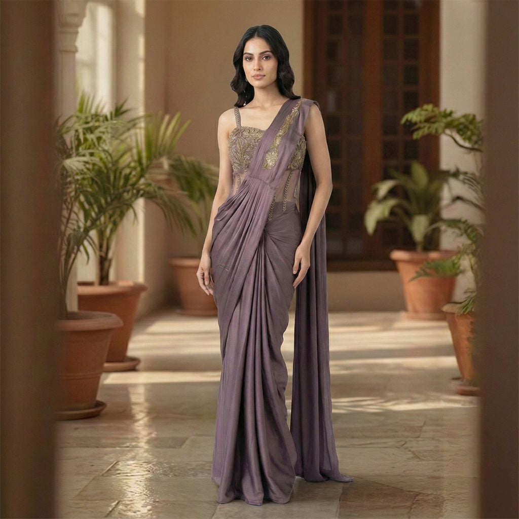 This stylish outfit is a pre-draped saree in a beautiful deep mauve color. It features a trendy corset-style blouse with thin straps and intricate gold embroidery on the upper part. The saree is draped perfectly with neat pleats in the front, and the fabric feels smooth and silky. The look is completed with an embroidered border on the shoulder drape, making it a modern and elegant choice for cocktail parties.