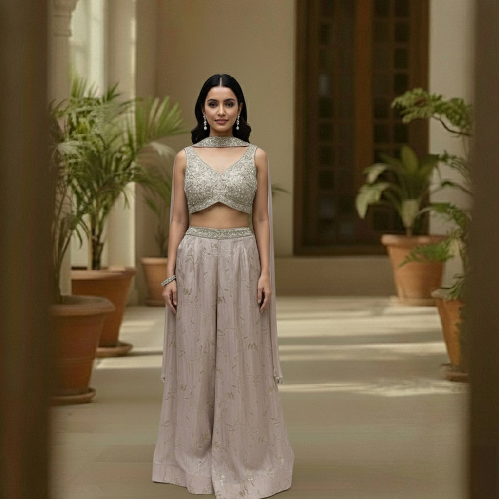 This stunning ivory embellished crop top and matching wide-leg palazzo pants set. This chic fusion wear ensemble perfectly balances modern style with traditional elegance.

The beautifully detailed crop top features intricate, shimmering embellishments, while the flowing, wide-leg pants provide a flattering and comfortable fit.

It’s the perfect choice for making a statement at any wedding function, from a lively sangeet night to an elegant engagement party, or for any festive event where you want to shine.