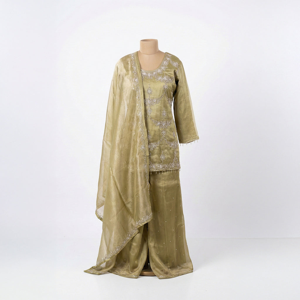 This beautiful outfit is in a lovely olive green color. It features a stylish Kurta made of shiny fabric with sparkling silver stone work around the neckline and front. It comes with matching wide pants that have small silver dots scattered on them. The look is completed with a light dupatta that has a delicate silver border, making it a perfect choice for weddings and parties.