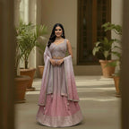This pretty lehenga comes in soft shades of mauve and pink. The blouse is heavily decorated with silver and pink embroidery for a rich look.

The skirt has a unique crushed texture and a lovely color that fades from light purple to pink at the bottom.

It includes a matching dupatta with small sparkles. This outfit is elegant, dreamy, and perfect for engagement parties and day weddings.