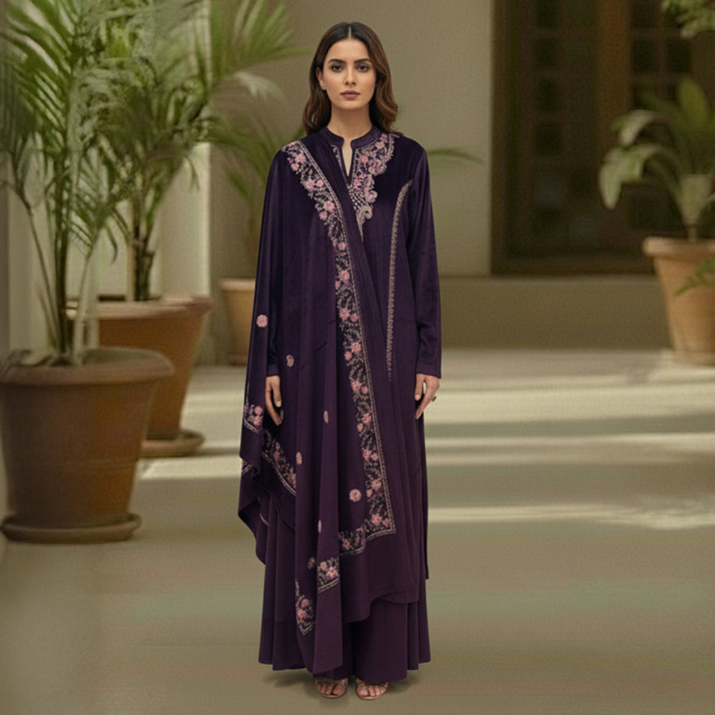 This cozy and stylish outfit is perfect for winter. It is made from soft velvet fabric in a beautiful deep purple color.

The kurta features pretty pink floral embroidery around the neck and shoulders.

It comes with comfortable matching pants and a warm velvet shawl (dupatta) that completes the look. This outfit is elegant, warm, and great for winter parties and family gatherings.
