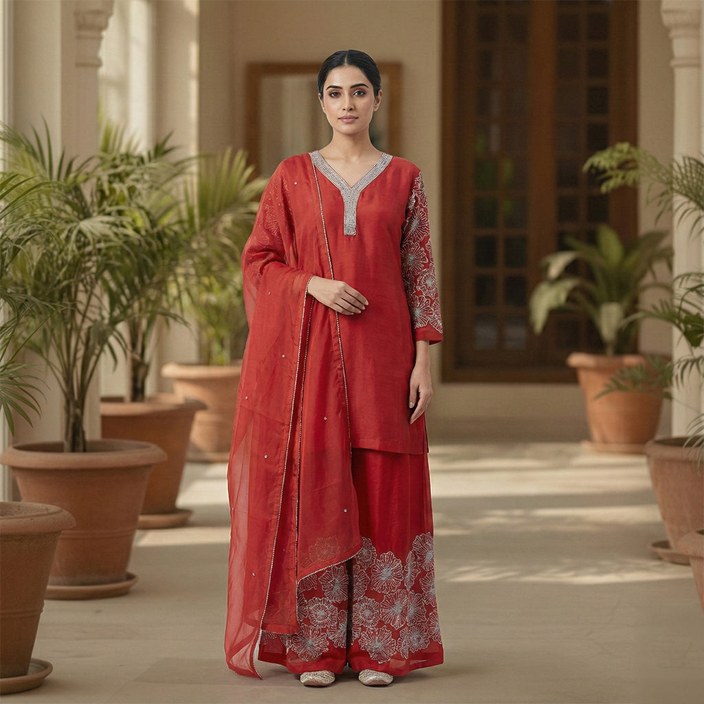 This elegant outfit is in a beautiful deep rust-red color. It features a long, simple Kurta with a sparkly silver border around the V-neckline and sleeves. It comes with matching wide-legged Palazzo pants that have large, stunning silver flower designs embroidered at the bottom. The look is completed with a matching plain Dupatta that has a thin delicate silver border, making it a classy choice for parties and family gatherings.