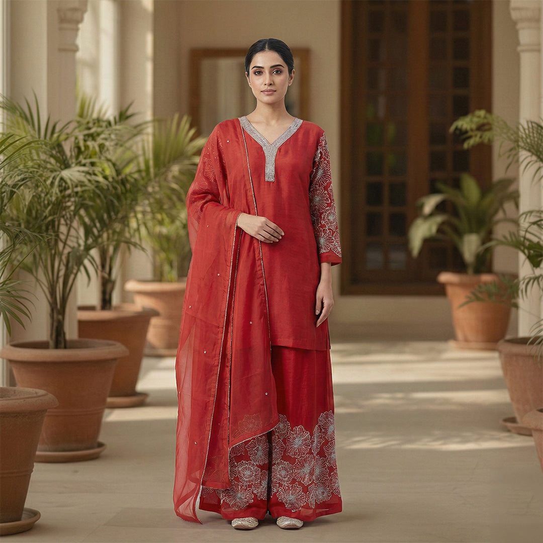 This elegant outfit is in a beautiful deep rust-red color. It features a long, simple Kurta with a sparkly silver border around the V-neckline and sleeves. It comes with matching wide-legged Palazzo pants that have large, stunning silver flower designs embroidered at the bottom. The look is completed with a matching plain Dupatta that has a thin delicate silver border, making it a classy choice for parties and family gatherings.