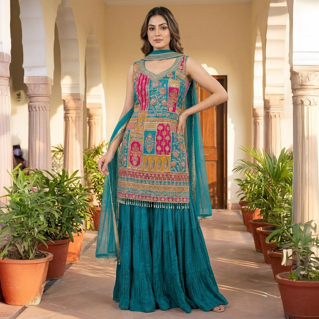 This vibrant outfit is in a rich teal color. The kurta has beautiful multicolored embroidery with detailed patterns and mirror work, giving it a festive look. It comes with a flowy, pleated palazoo and a matching dupatta.

This outfit is bright, elegant, and perfect for weddings, mehndi functions, and festive celebrations.