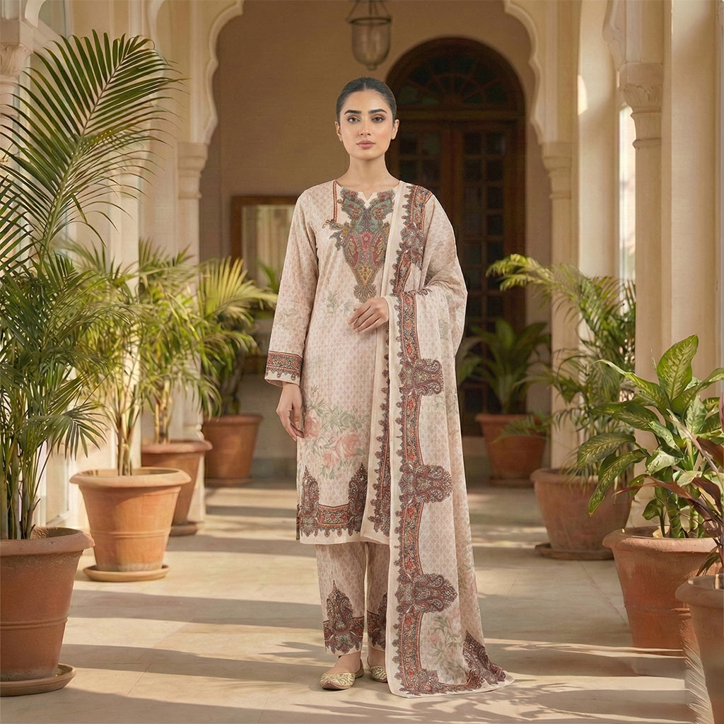 This lovely outfit is in a fresh white color. The kurta features a small pattern all over and a big, colorful traditional design on the neckline. It has long sleeves and comes with comfortable matching pants. The look is completed with a beautiful shawl (dupatta) that has a thick, matching printed border. This outfit is simple, elegant, and perfect for daily wear and casual outings.