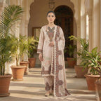 This lovely outfit is in a fresh white color. The kurta features a small pattern all over and a big, colorful traditional design on the neckline. It has long sleeves and comes with comfortable matching pants. The look is completed with a beautiful shawl (dupatta) that has a thick, matching printed border. This outfit is simple, elegant, and perfect for daily wear and casual outings.