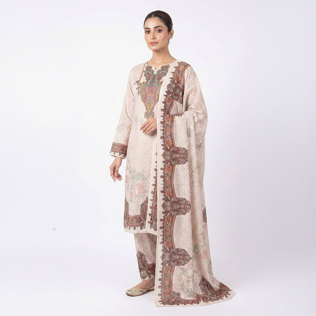 This lovely outfit is in a fresh white color. The kurta features a small pattern all over and a big, colorful traditional design on the neckline. It has long sleeves and comes with comfortable matching pants. The look is completed with a beautiful shawl (dupatta) that has a thick, matching printed border. This outfit is simple, elegant, and perfect for daily wear and casual outings.