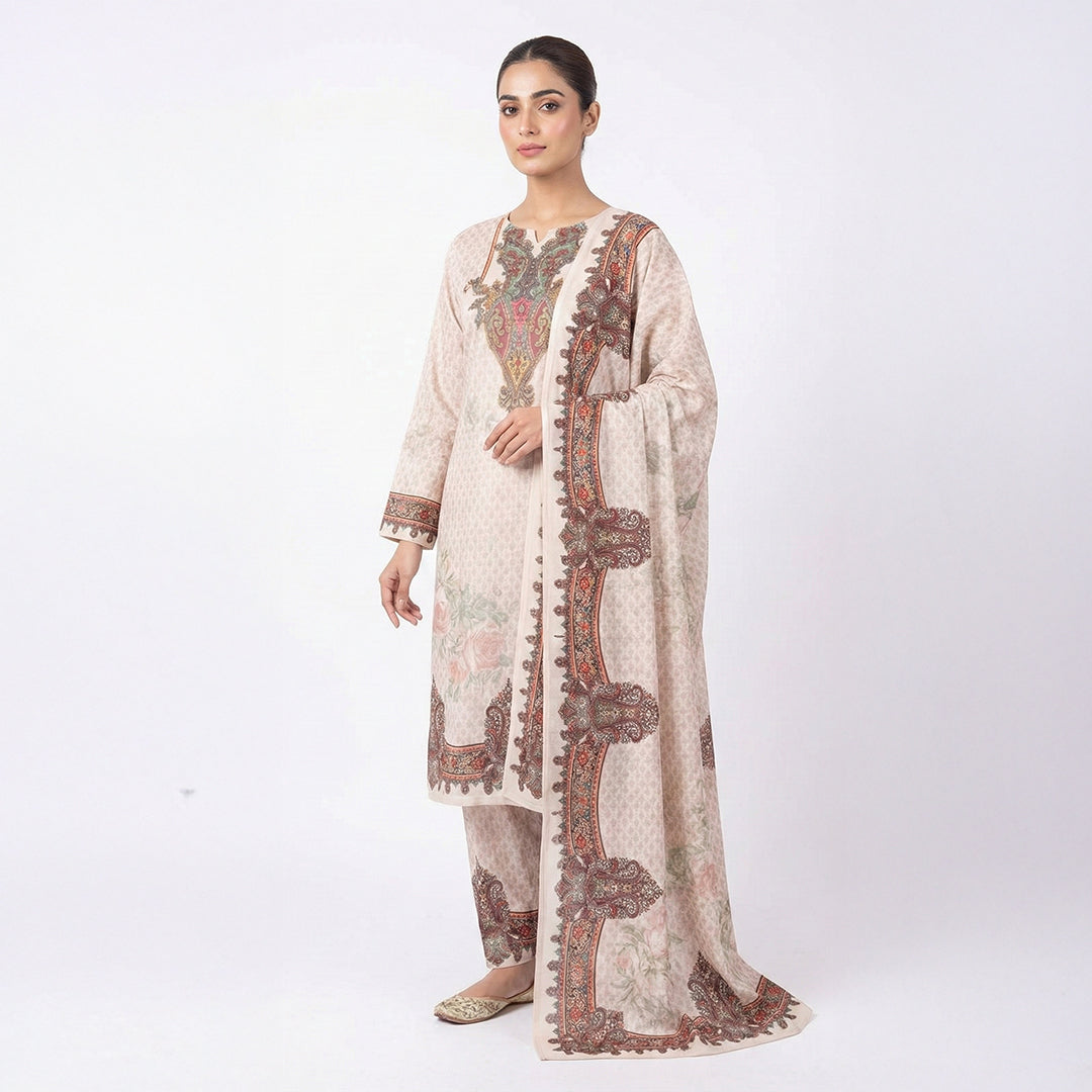 This lovely outfit is in a fresh white color. The kurta features a small pattern all over and a big, colorful traditional design on the neckline. It has long sleeves and comes with comfortable matching pants. The look is completed with a beautiful shawl (dupatta) that has a thick, matching printed border. This outfit is simple, elegant, and perfect for daily wear and casual outings.