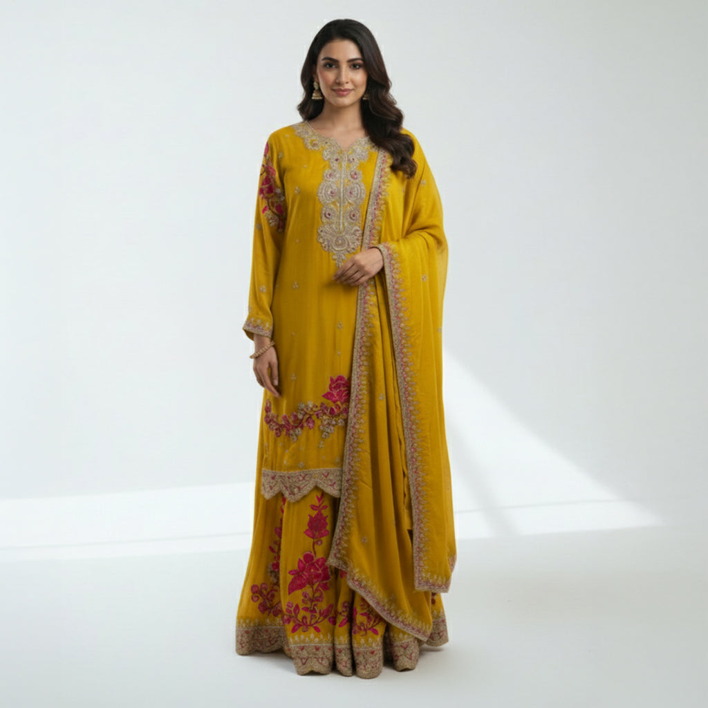 This bright and beautiful outfit comes in a cheerful yellow color with lovely pink and gold embroidery. The neckline and sleeves feature delicate handwork that adds a festive touch, while the floral designs bring in a pop of color and charm.

The flowy palazzo has matching embroidery and borders that complete the traditional look.

A soft yellow dupatta with a detailed edge ties the whole outfit together perfectly.&nbsp;Ideal for mehndi, haldi or festive celebrations, this outfit is vibrant, elegant and ful