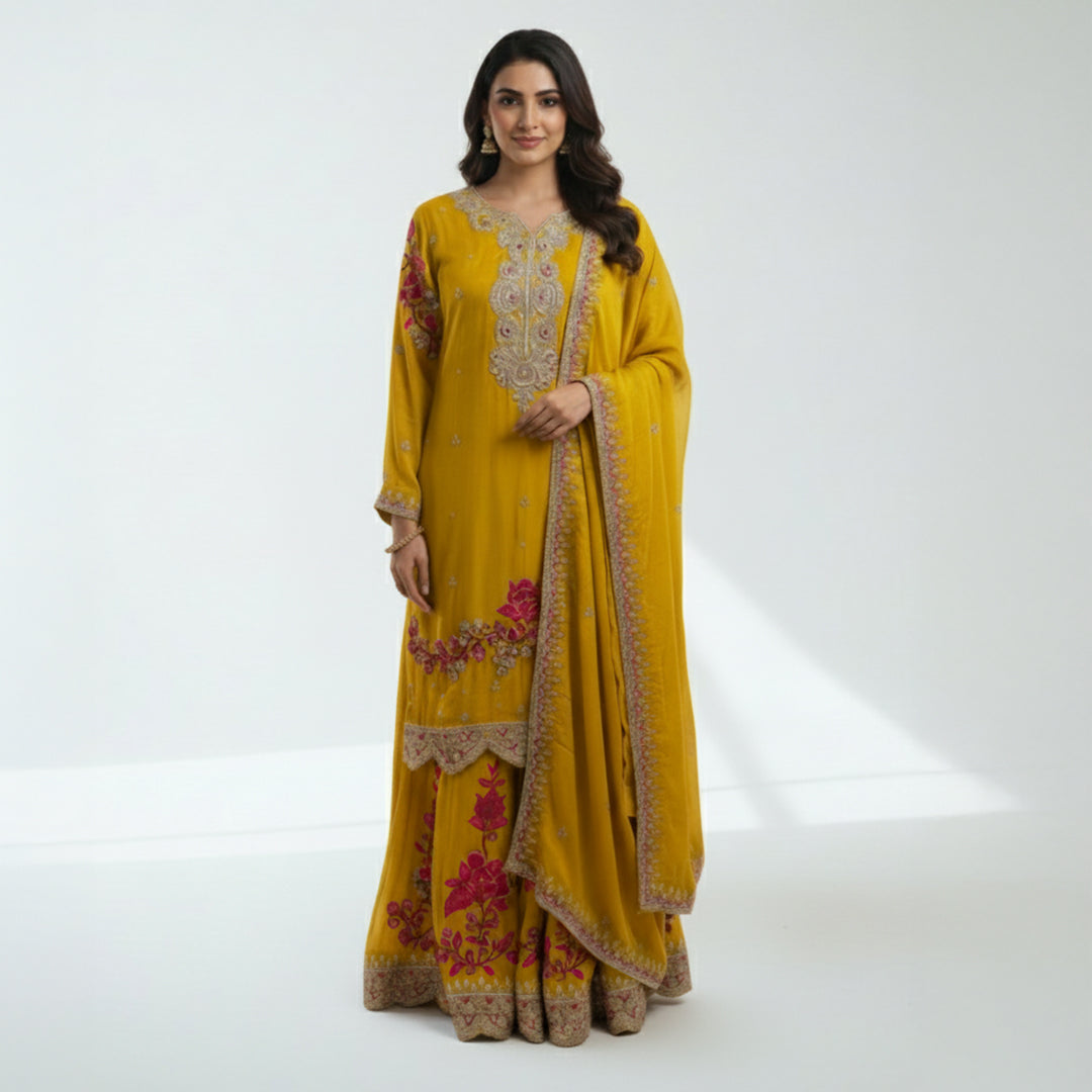 This bright and beautiful outfit comes in a cheerful yellow color with lovely pink and gold embroidery. The neckline and sleeves feature delicate handwork that adds a festive touch, while the floral designs bring in a pop of color and charm.

The flowy palazzo has matching embroidery and borders that complete the traditional look.

A soft yellow dupatta with a detailed edge ties the whole outfit together perfectly.&nbsp;Ideal for mehndi, haldi or festive celebrations, this outfit is vibrant, elegant and ful