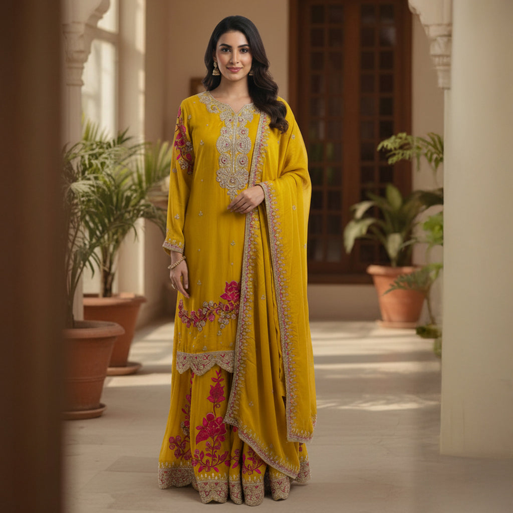 This bright and beautiful outfit comes in a cheerful yellow color with lovely pink and gold embroidery. The neckline and sleeves feature delicate handwork that adds a festive touch, while the floral designs bring in a pop of color and charm.

The flowy palazzo has matching embroidery and borders that complete the traditional look.

A soft yellow dupatta with a detailed edge ties the whole outfit together perfectly.&nbsp;Ideal for mehndi, haldi or festive celebrations, this outfit is vibrant, elegant and ful