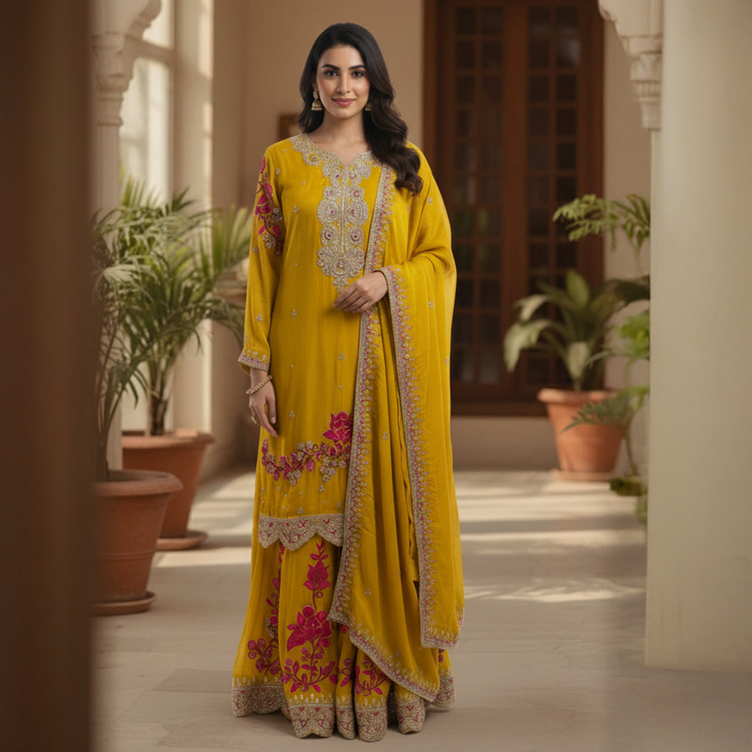 This bright and beautiful outfit comes in a cheerful yellow color with lovely pink and gold embroidery. The neckline and sleeves feature delicate handwork that adds a festive touch, while the floral designs bring in a pop of color and charm.

The flowy palazzo has matching embroidery and borders that complete the traditional look.

A soft yellow dupatta with a detailed edge ties the whole outfit together perfectly.&nbsp;Ideal for mehndi, haldi or festive celebrations, this outfit is vibrant, elegant and ful