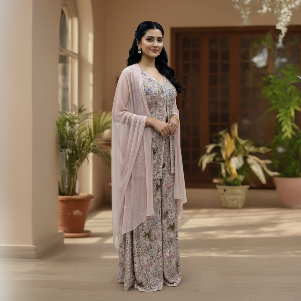 This exquisite outfit comes in a soft pastel pink color with beautiful floral embroidery all over. The top has a stylish front-open design and a flattering neckline that adds a modern touch.

The matching wide-leg pants flow gracefully, giving the outfit a comfortable yet classy look.


A light pink dupatta with a delicate texture completes the set, making it perfect for daytime events, parties or festive occasions where you want to look graceful and chic.