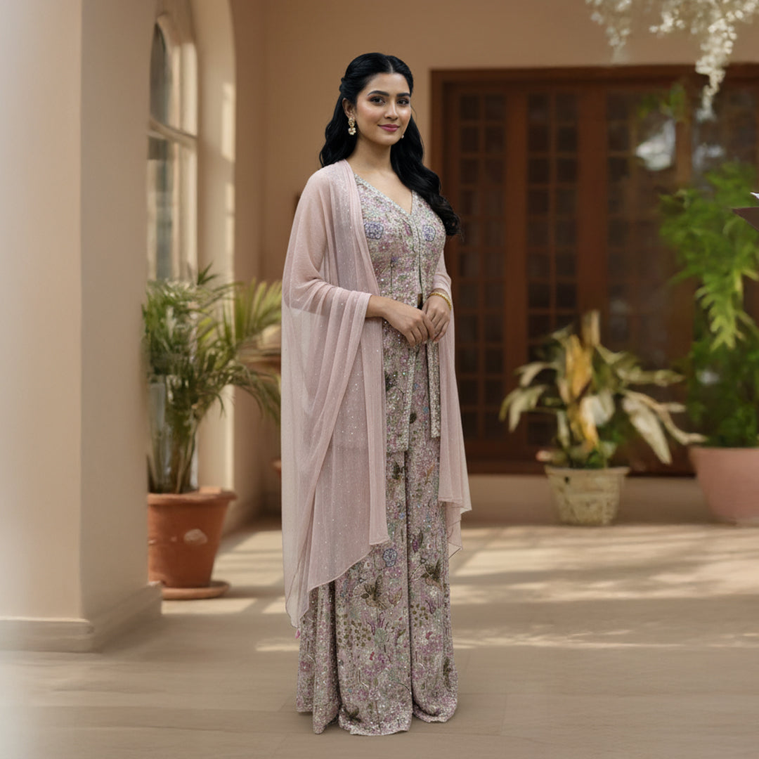 This exquisite outfit comes in a soft pastel pink color with beautiful floral embroidery all over. The top has a stylish front-open design and a flattering neckline that adds a modern touch.

The matching wide-leg pants flow gracefully, giving the outfit a comfortable yet classy look.


A light pink dupatta with a delicate texture completes the set, making it perfect for daytime events, parties or festive occasions where you want to look graceful and chic.