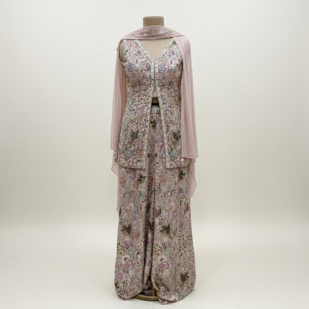 This exquisite outfit comes in a soft pastel pink color with beautiful floral embroidery all over. The top has a stylish front-open design and a flattering neckline that adds a modern touch.

The matching wide-leg pants flow gracefully, giving the outfit a comfortable yet classy look.


A light pink dupatta with a delicate texture completes the set, making it perfect for daytime events, parties or festive occasions where you want to look graceful and chic.