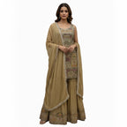 This beautiful outfit comes in a soft mauve color with pretty silver embroidery. The shirt has fine work around the neck and sleeves that adds a gentle shine.

The matching palazzo pants have lovely embroidery at the bottom, giving the outfit an elegant look.

A light dupatta with delicate work and a neat border completes the set, making it perfect for festive events or special occasions.