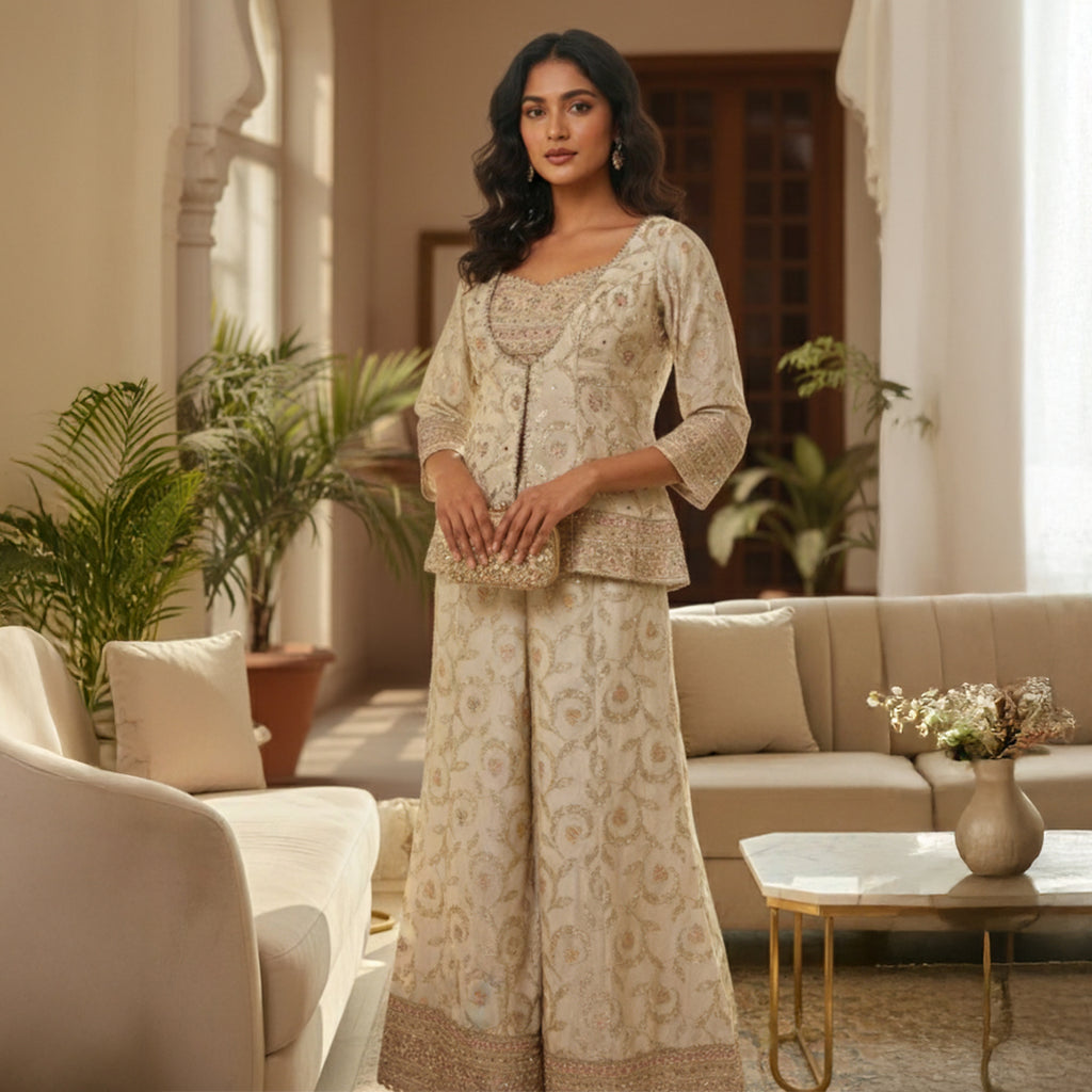 This graceful outfit is designed in a soft ivory shade with delicate golden embroidery that gives it a refined, elegant look. The fitted jacket style top has a beautiful neckline and fine handwork along the edges adding a hint of sparkle.

The wide-leg pants feature matching floral embroidery with a rich border creating a balanced and stylish appearance.


A light, sheer dupatta with tiny embroidered dots completes the outfit making it perfect for weddings, festive occasions or any event where you want to l