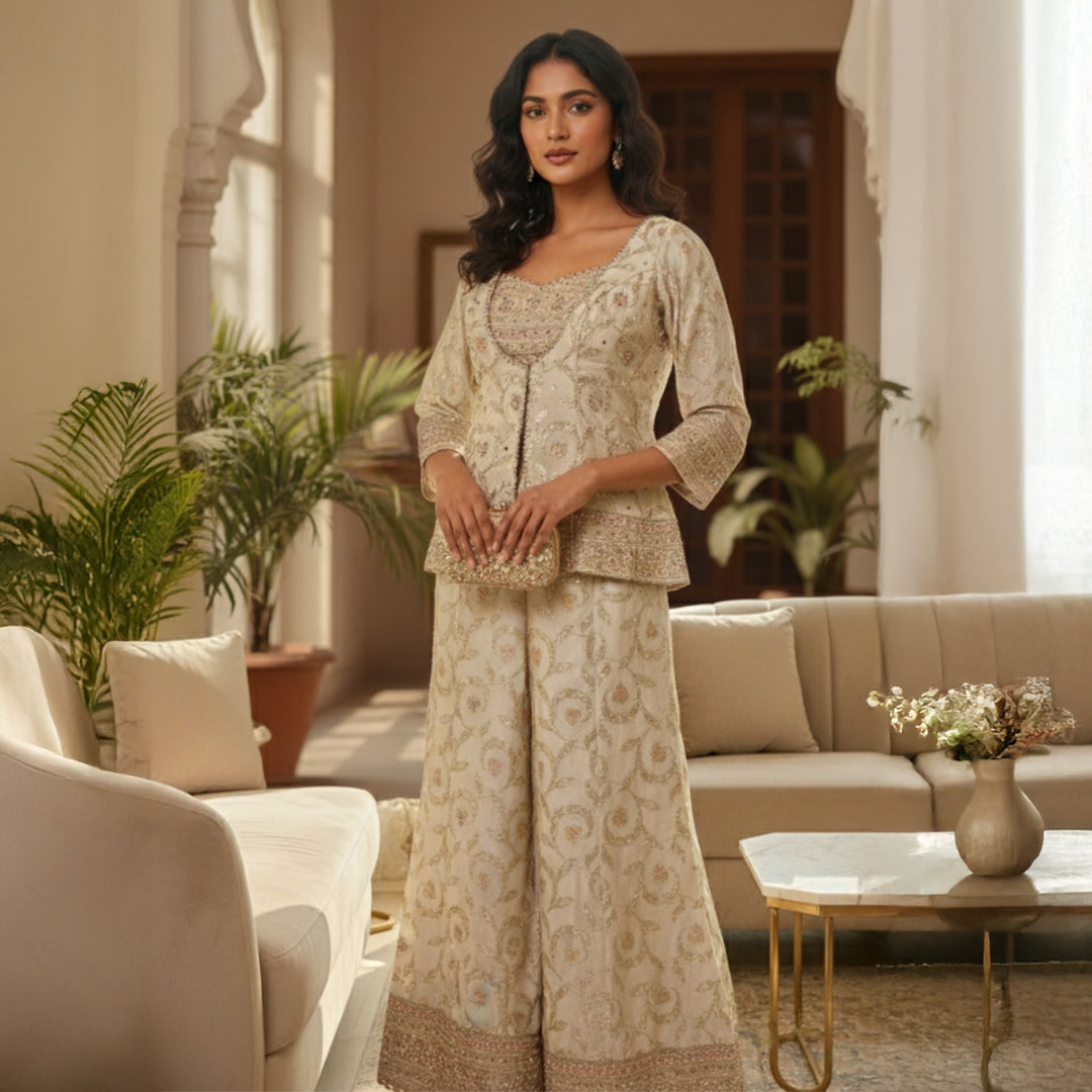 This graceful outfit is designed in a soft ivory shade with delicate golden embroidery that gives it a refined, elegant look. The fitted jacket style top has a beautiful neckline and fine handwork along the edges adding a hint of sparkle.

The wide-leg pants feature matching floral embroidery with a rich border creating a balanced and stylish appearance.


A light, sheer dupatta with tiny embroidered dots completes the outfit making it perfect for weddings, festive occasions or any event where you want to l
