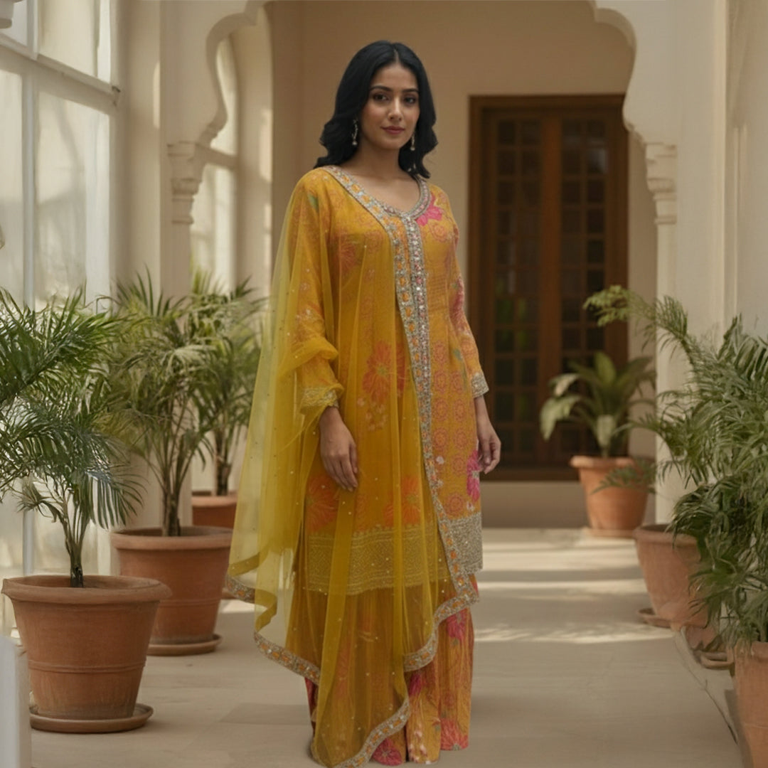 This vibrant outfit features a warm mustard base with beautiful pink floral prints and golden embroidery that give it a festive and cheerful look. The neckline and sleeves are decorated with fine handwork, adding a touch of sparkle and detail.

The flared palazzo pants carry the same floral design and embroidered borders, creating a perfect match with the top.

A soft yellow dupatta with mirror work and a fancy border completes the outfit. Bright and elegant, this ensemble is ideal for mehndi, haldi or any 