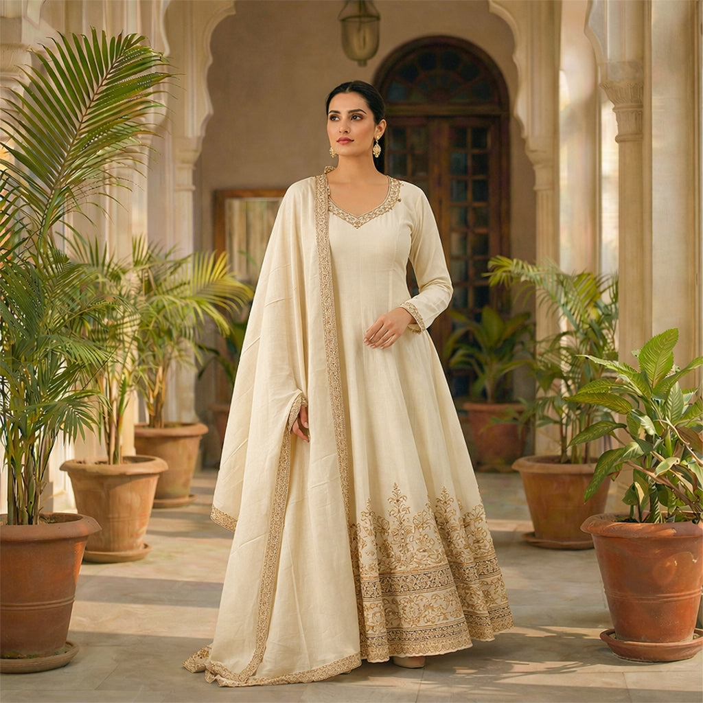 A timeless classic, this Off-White Silk Anarkali suit offers a graceful floor-length silhouette for the minimalist at heart. The suit is highlighted by a stunning antique gold Zardosi border and a traditional V-neckline, creating a look of understated luxury. Complete with a matching sheer dupatta and plazzo, it is the ultimate choice for day weddings, religious ceremonies, or intimate family gatherings.