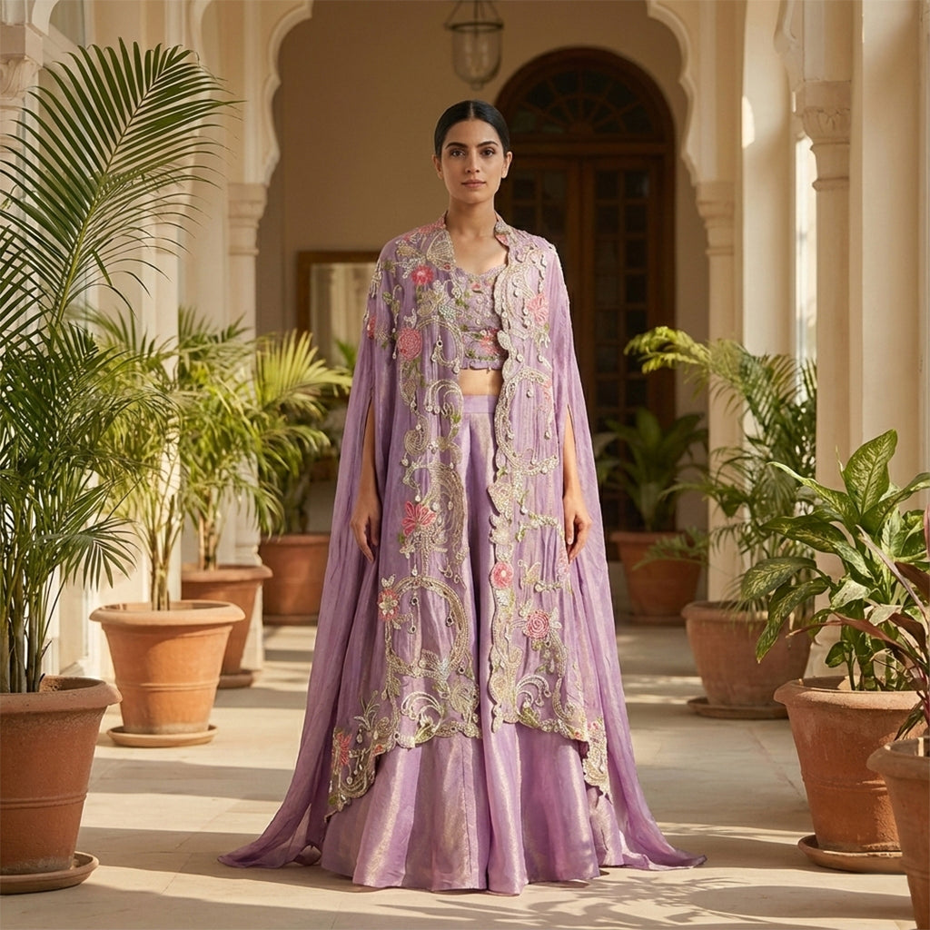 A lovely full-length outfit in a soft lavender shade. It has a flowy Palazzo paired with a beautifully embroidered cape featuring colorful floral work and shiny details.

The matching blouse also has the same embroidery. This outfit looks elegant and is perfect for weddings, parties, and festive occasions.