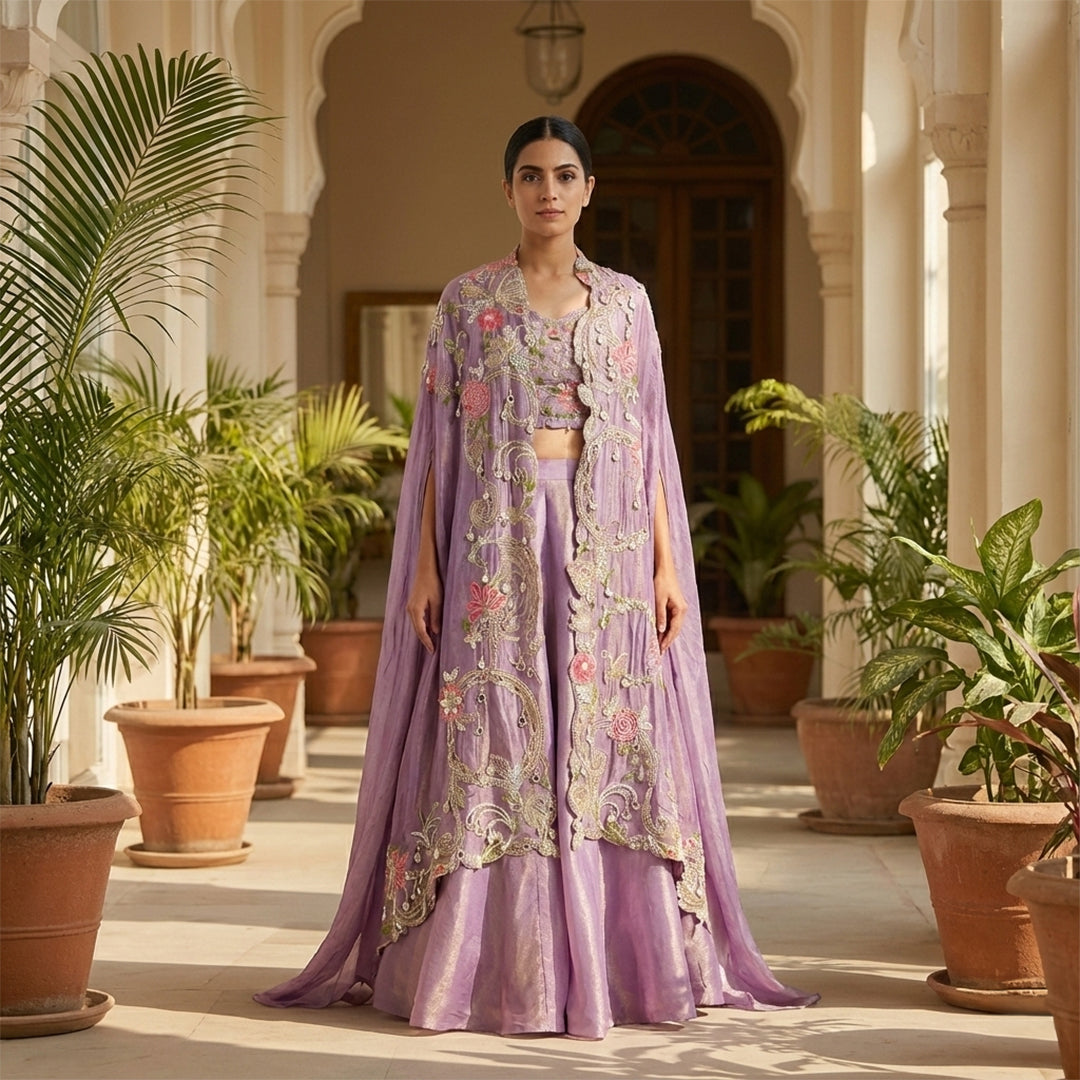 A lovely full-length outfit in a soft lavender shade. It has a flowy Palazzo paired with a beautifully embroidered cape featuring colorful floral work and shiny details.

The matching blouse also has the same embroidery. This outfit looks elegant and is perfect for weddings, parties, and festive occasions.