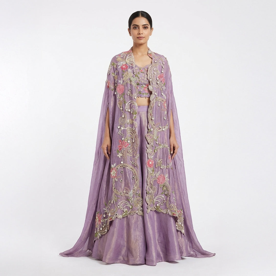 A lovely full-length outfit in a soft lavender shade. It has a flowy Palazzo paired with a beautifully embroidered cape featuring colorful floral work and shiny details.

The matching blouse also has the same embroidery. This outfit looks elegant and is perfect for weddings, parties, and festive occasions.
