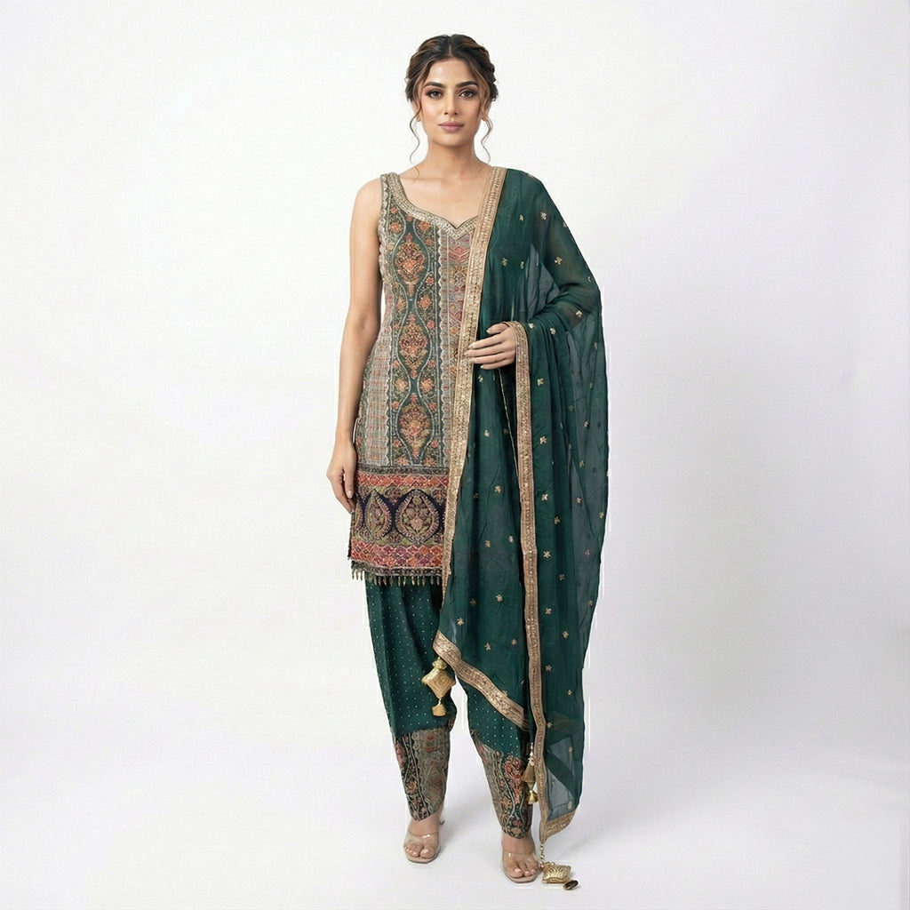 This beautiful outfit is in a deep bottle green color. It features a Kurta covered in colorful embroidery and golden designs with beaded hangings at the bottom. It comes with a matching Salwar that has small gold dots and heavy work at the ankles. The look is completed with a green Dupatta having a shiny gold border, making it perfect for festive occasions.