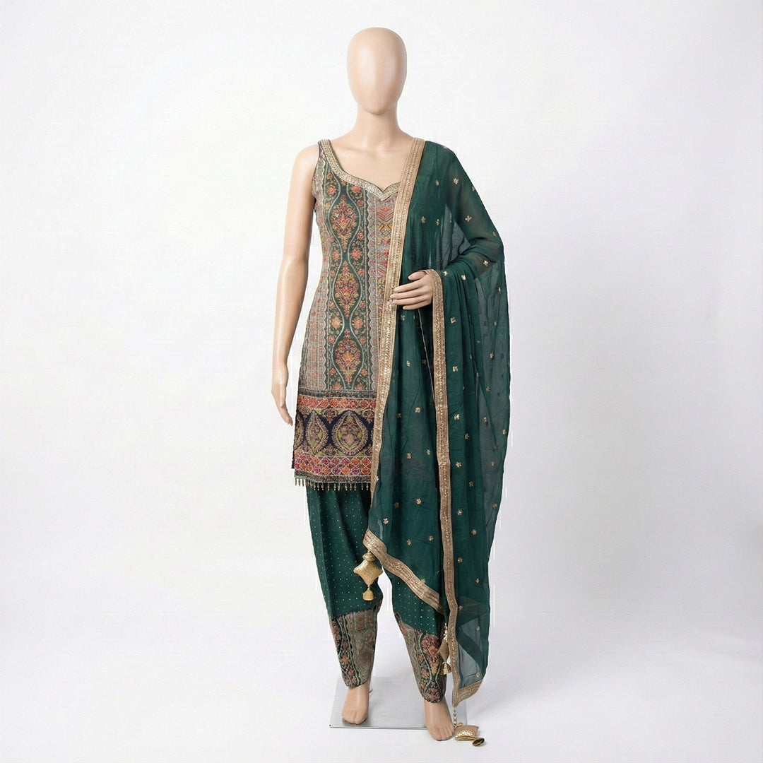 This beautiful outfit is in a deep bottle green color. It features a Kurta covered in colorful embroidery and golden designs with beaded hangings at the bottom. It comes with a matching Salwar that has small gold dots and heavy work at the ankles. The look is completed with a green Dupatta having a shiny gold border, making it perfect for festive occasions.