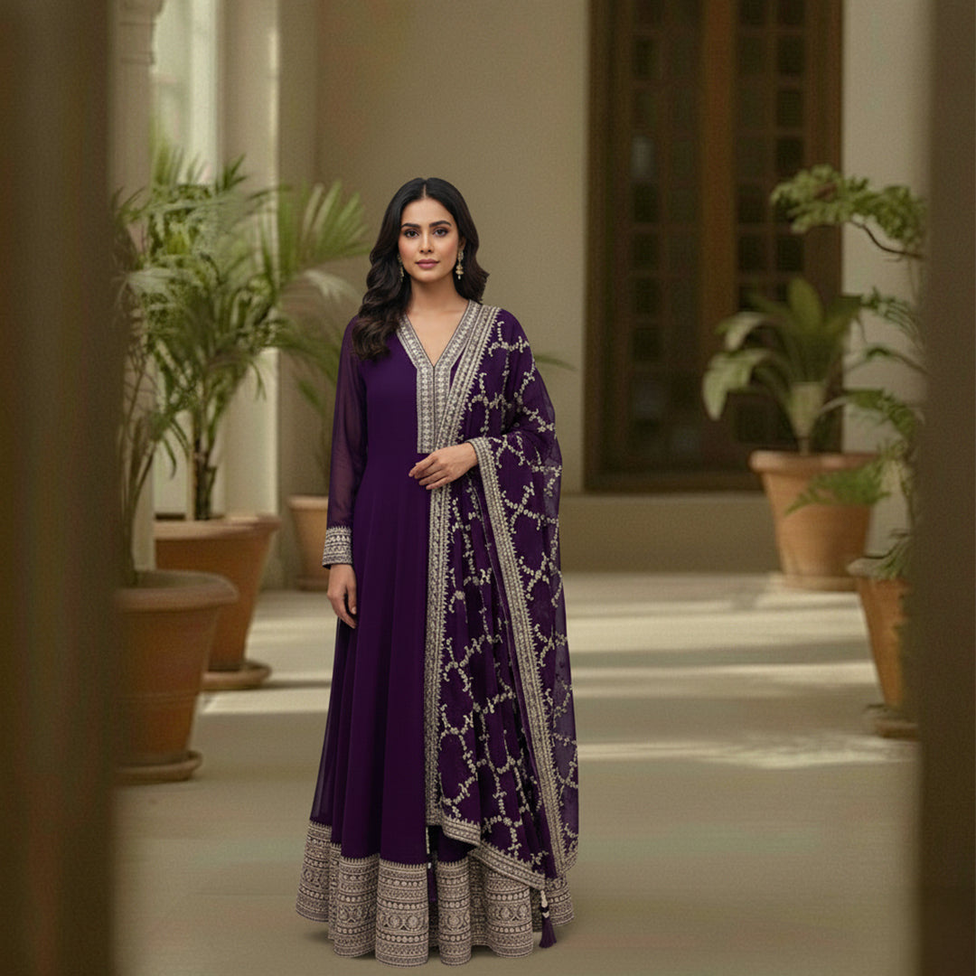 This royal outfit is in a beautiful deep purple color. It features a long, flowy Anarkali kurta with shiny silver embroidery on the neckline, sleeves, and a thick border at the bottom. It comes with comfortable matching palazzo pants. The look is completed with a heavy dupatta that is fully covered in a lovely silver net pattern. This outfit is traditional, elegant, and perfect for weddings and festivals.