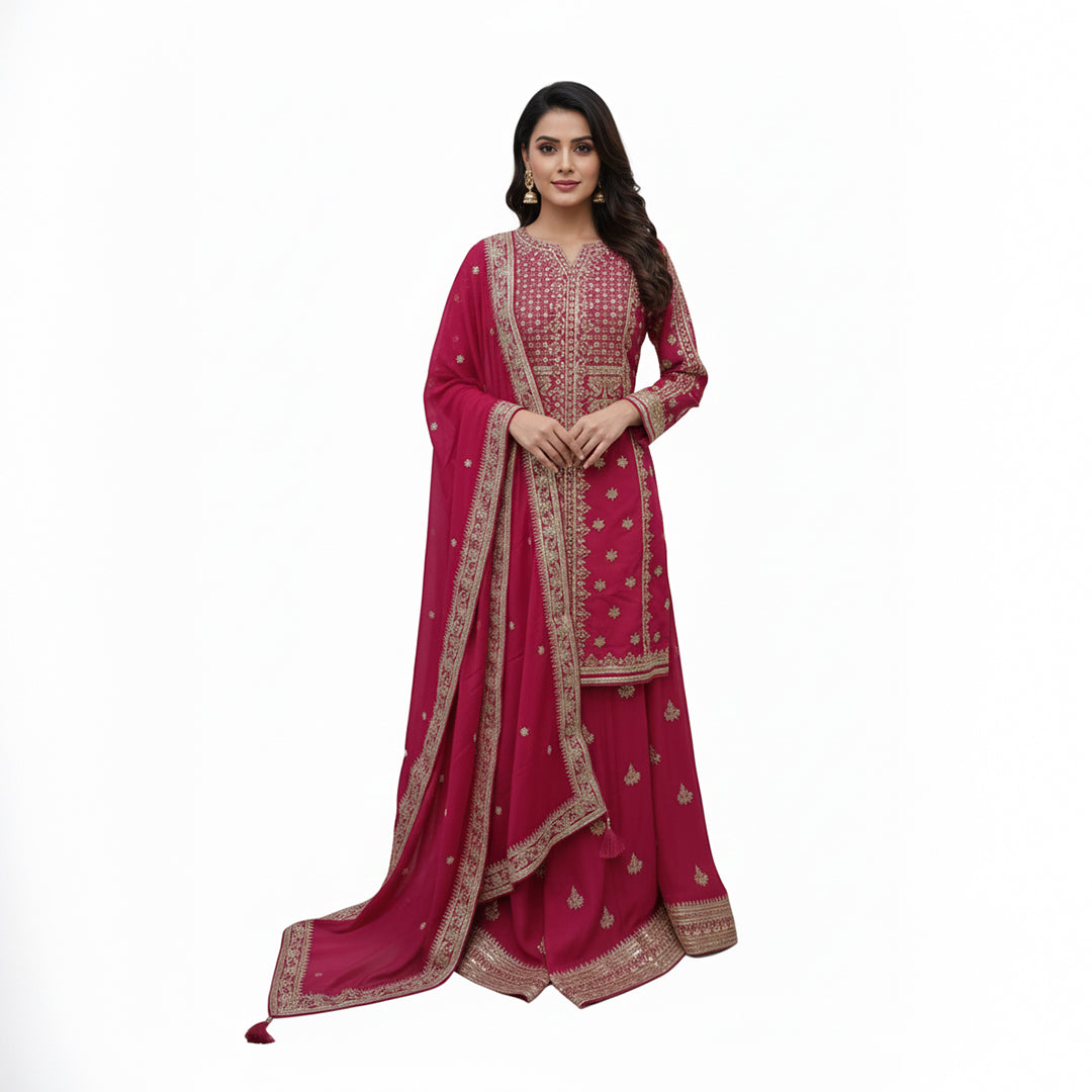 Make a grand entrance in this Fuchsia Rani Pink Silk Set, defined by its dense all-over gold embroidery. The intricate Tilla and Zari work across the bodice creates a luminous effect, perfectly balanced by a scalloped-edge dupatta. Vibrant and traditional, this set is designed for the woman who wants to celebrate the true spirit and color of Indian festivities.